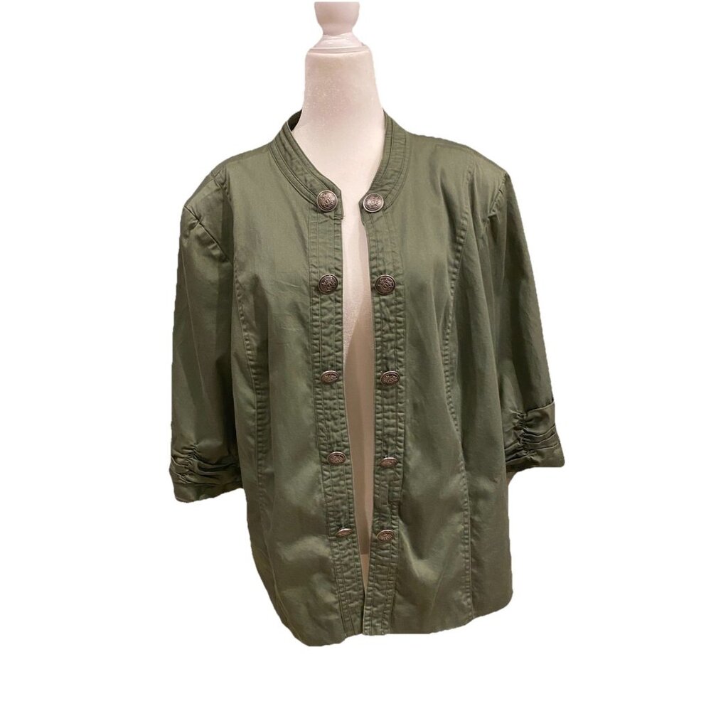 Debbie Morgan Military Style Green Women's Blazer Coin Buttons Ruched Sleeves XL